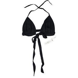 Cellecci Black Triangle Bikini Top Ruched Tie Front Halter Swim Small NWT